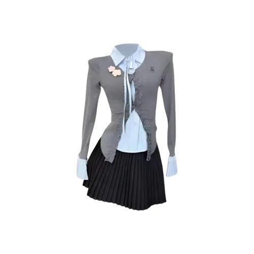 TIBINB Mock Двухкомпонентный Длинный-Рукавный Пэчворк Рубашка + Юбка с Плиссировкой Женские Комплекты с Юбкой