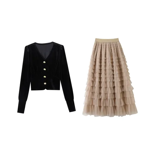 Udon House Черный Золотой Велюр Топ Карамель Юбка Женские Комплекты с Юбкой