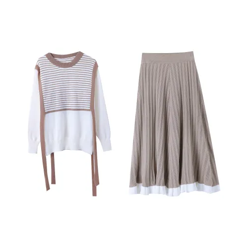 Udon House Абрикос Свитер Хаки Юбка Женские Комплекты с юбкой