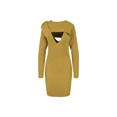 Bottega Veneta Длинное платье с длинными рукавами женское хаки