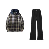 Хаки Синий Рубашка + Черные Джинсы