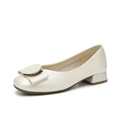 B+AB French Грубый каблук Квадратный носок Slip-on Обувь Женская Повседневная Обувь 2,5 см Женская Жемчужно-белая