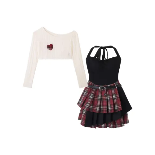 GORGEOUSIDEA COVER UP+Черно-красное клеточное платье+женский комплект с юбкой и поясом