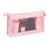 Розовые полосы, видимый треугольник, макияж, сумка