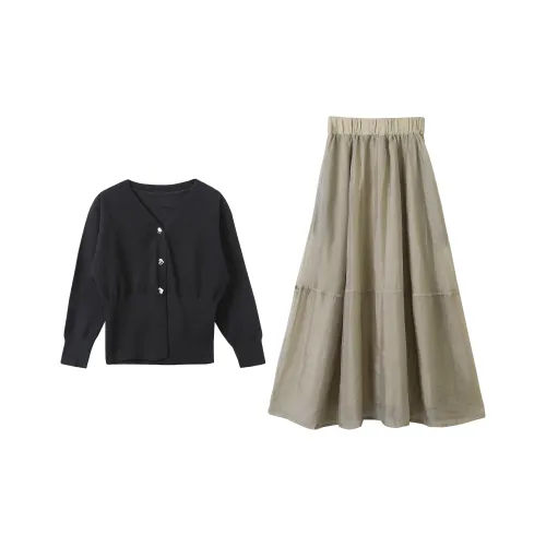 Udon House Черный кардиган кофейный юбка женские комплекты с юбкой