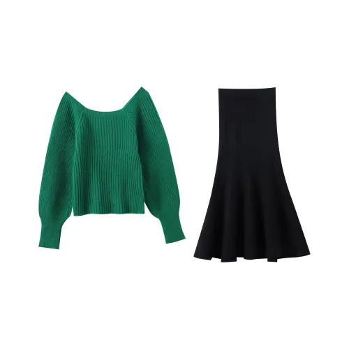 Udon House Зеленый Свитер Черная Юбка-рыбка Женские Комплекты с Юбкой