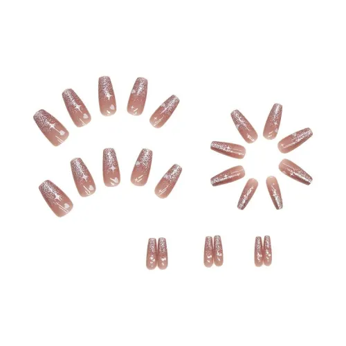 XUNQIANSE Сладкий Ногти Elegance Cat Eye Glitter Stars Heart Фальшивый Ногтей Патч MID Длина Розовый Однотонный Блестящий