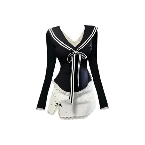 TIBINB Черный топ + Белая юбка Женские комплекты с юбкой