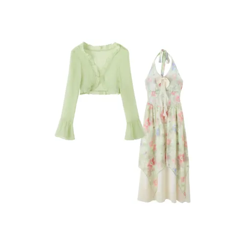 FABRIC PIG Зеленый кардиган + Зеленое платье женские комплекты с юбкой