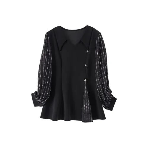 YUNFEIXIU T-рубашка с отложным воротником пэчворк полосы fashion casual свободный крой утягивающий эффект скрывающий лишний вес для сестры осенняя женская