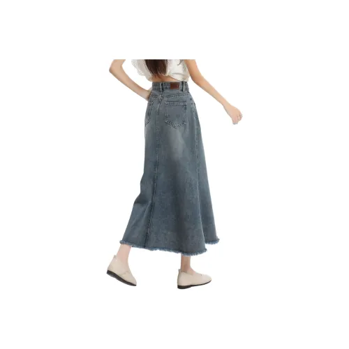 Розовый деним длинная юбка женский синий