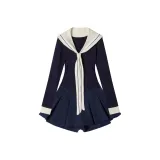 Морской стиль, девичий, темно-синий, длинный рукав, топ + белая шаль + морской стиль, короткая юбка