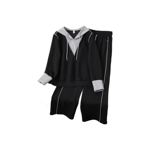 YUNFEIXIU Повседневный костюм свободный крой с капюшоном топ штаны двухкомпонентный комплект большой размер модный пэчворк утягивающий осенний женский