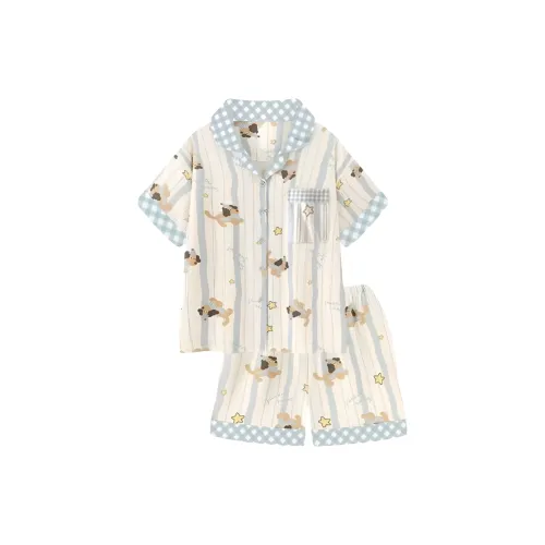 PAOPAOXIANJING Короткий рукав Пижама День рождения Полосы Щенок Женские Пижамные комплекты