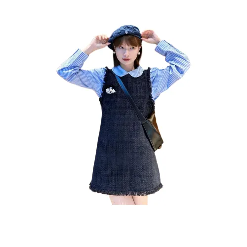 BVODE Полосы Рубашка + Черный Сарафан Женские Комплекты с Юбкой