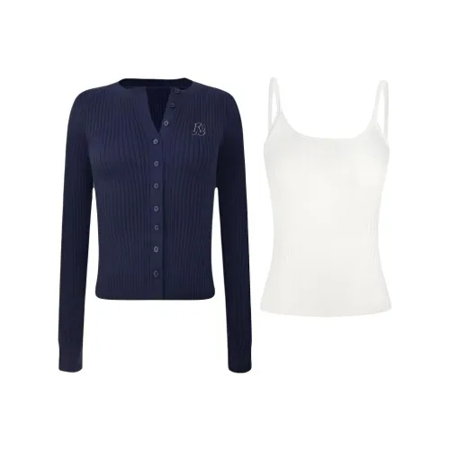 COVER TIME Темно-синий синий кардиган + белая майка женские повседневные костюмы