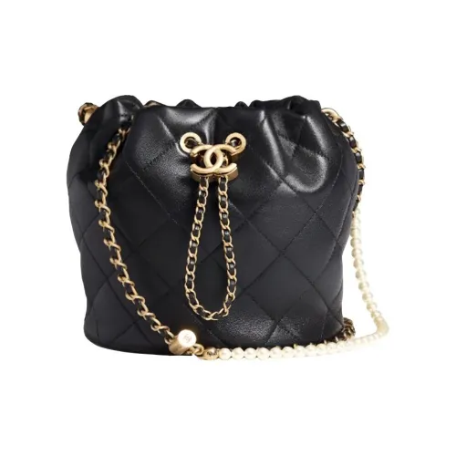 CHANEL Шерсть Ведрообразная Сумка Сумка на Шнурке Сумка через Плечо Женская Черная