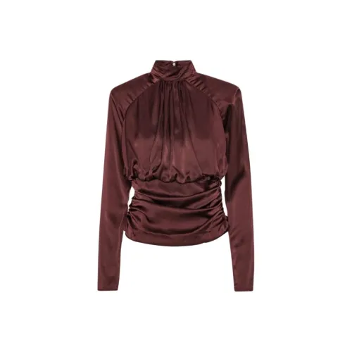 Rotate FW25 LS Ruched Silk Top Burgundy Shirt Women's