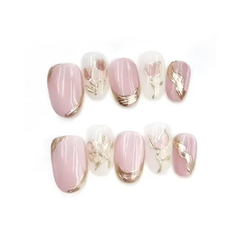 T Z HAND DRAWN Тюльпан Мягкий белый Луна False Nail Миндаль Укороченный Розовый Прозрачный белый Румяна Stain Стиль Инстаграм