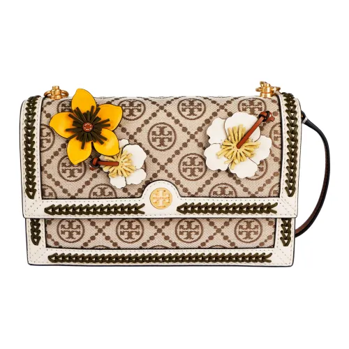 TORY BURCH T Monogram Холст и Натуральная Кожа Сумка через плечо Мини Женская Бежевая