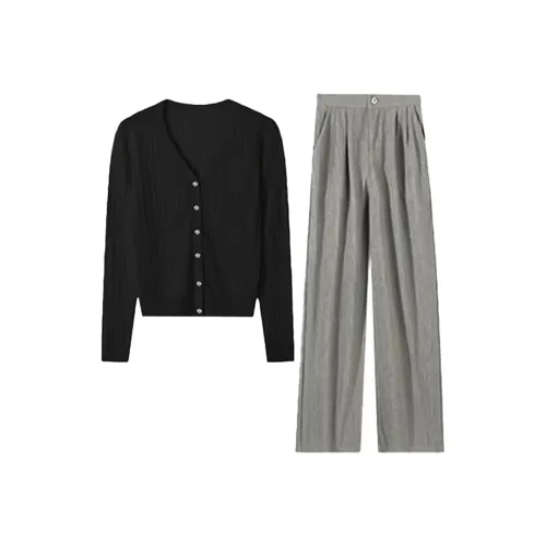 Meanalot Черный Трикотажная ткань Кардиган + Повседневные брюки Женские Повседневные костюмы