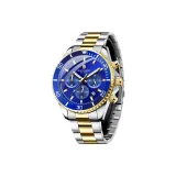 Двухцветный браслет из золота и стали, корпус серебряного цвета, синий циферблат