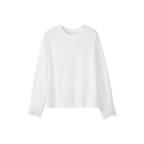 Fstudio Корейский стиль Маленький Круглый вырез Кружево с отделкой Коммутирование Пэчворк Топ Длинный рукав Т-рубашка Женская