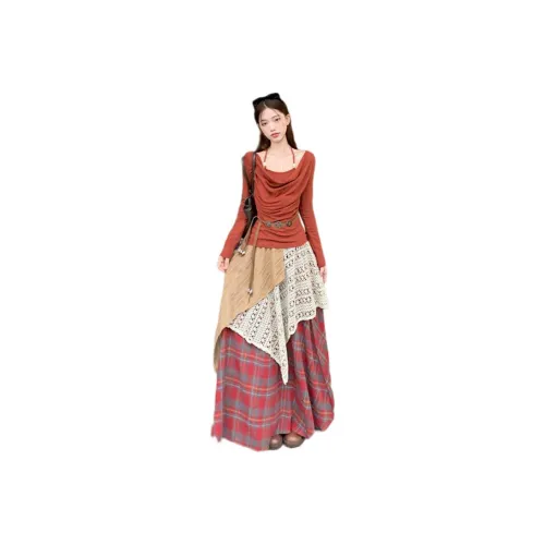 REMOULD Кирпичный Красный Топ + Ремень + Клетчатая Юбка Женские Комплекты с Юбкой