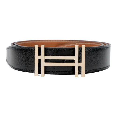 HERMES Королевский Коровья кожа Togo Двойной Sided Кожа Ремень Мужской Черный Золото 3,2см