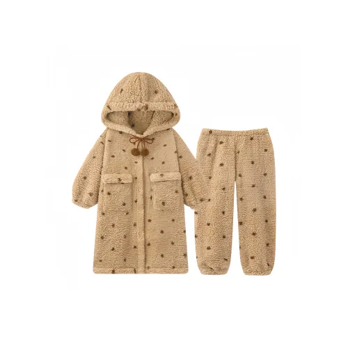 UYH Коричневый Гороховый узор Двухкомпонентный комплект [Флисовый халат + Флисовые штаны] Женские пижамные комплекты