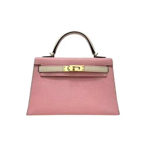 HERMES Mini Kelly 2nd Generation Козья кожа Сумка Kelly Сумка Мини Женская Вишневый цветок Розовый Милкшейк Белый