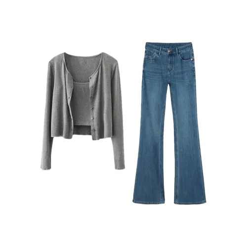 MARIE·COCO Серый кардиган + топ на бретелях + штаны женские повседневные костюмы