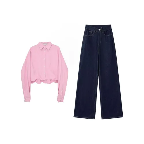 MARIE·COCO Pink Shirt + Pants Women's Casual Suits MARIE·COCO Розовая Рубашка + Брюки Женские Повседневные Костюмы