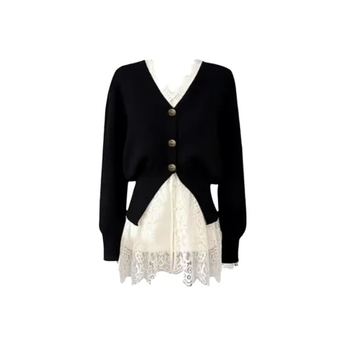 AMUNITS Черный Свитер + Кружевной Топ Женские Трикотаж