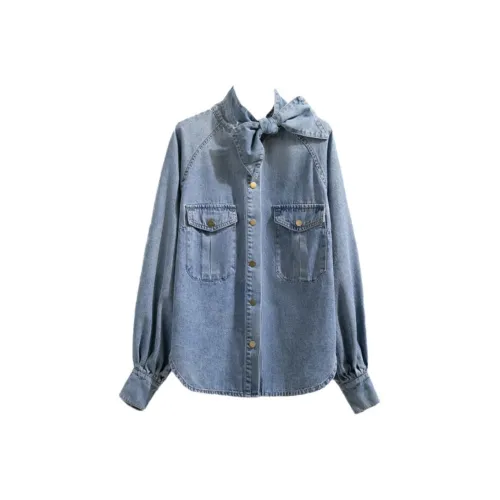 IUNOP Свободный крой Карман для рабочей одежды Винтаж Золотистый тон Замок Рукав-фонарик Рубашка Женская