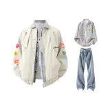 Абрикосовое пальто + желтая рубашка в клетку + винтажные синие штаны