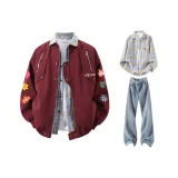 Бургунди пальто + желтая рубашка в клетку + винтажные синие штаны