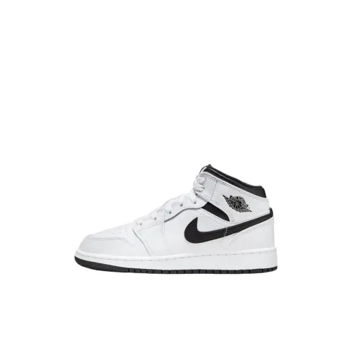 Jordan Air Jordan 1 MID Устойчивый к истиранию MID Топ Детские Баскетбольные кроссовки Белый Черный