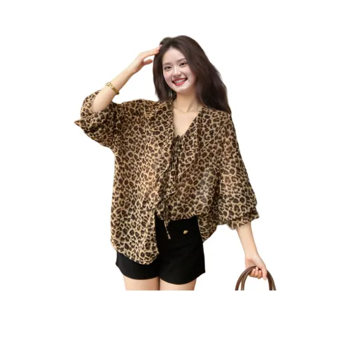 Wbwq Леопардовый принт Женские Шифоновые рубашки