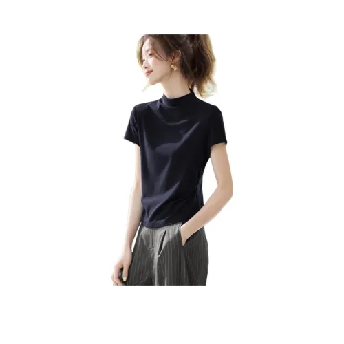 MOHANYIMEI Темно-синий Синий с утяжкой на талии Плиссированные Женские T-рубашки
