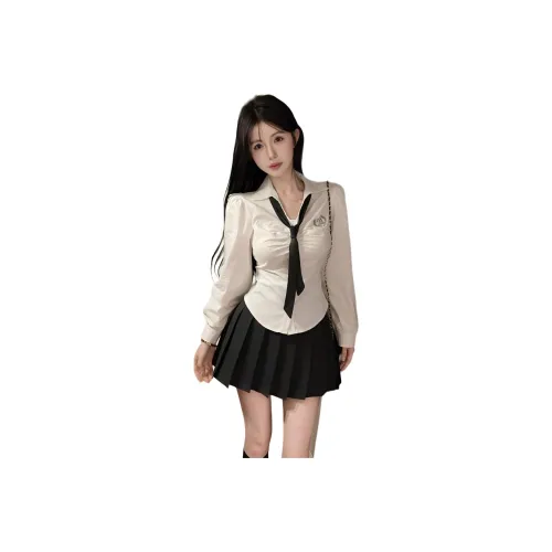 SNZX Одежда Комплект Белая Рубашка с Галстуком + Черная Юбка с Плиссировкой Женская Униформа