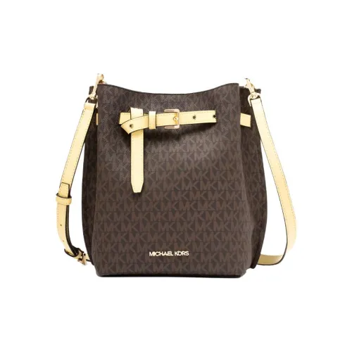 MICHAEL KORS Эмилия Покрытый холст Ведрообразная Сумка через плечо Маленькая Женская Коричневая и Светло-желтая