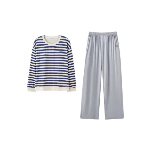 Mulinsen [Длинный рукав Топ+Штаны] Синий Серый Женский Пижамный Комплект