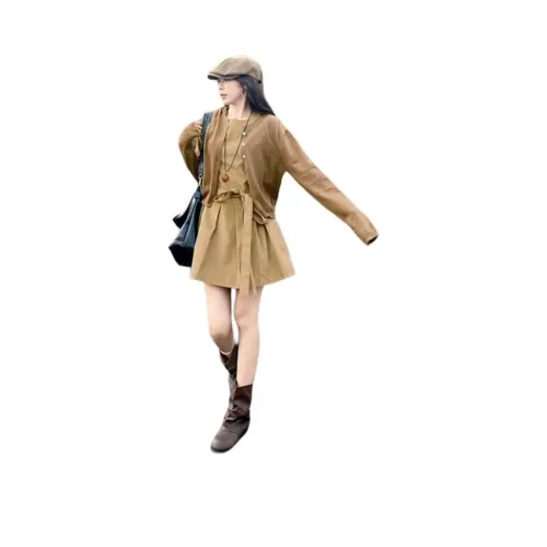 REMOULD Кофейный Кардиган + Хаки Платье Женские Комплекты с Юбкой