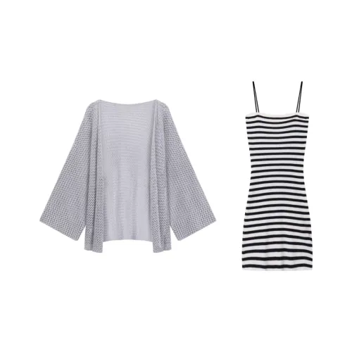 GORGEOUSIDEA Серый Куртка + Полосатое Платье-камзол Женские Комплекты с Юбкой