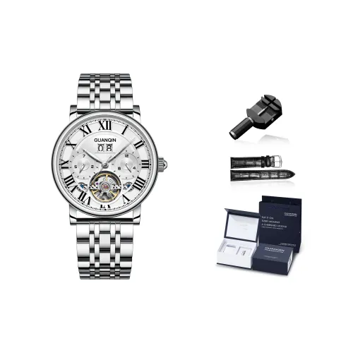 GUANQIN Автоматический Механический Механизм Нержавеющая Сталь Ремешок Часы Мужские Белый Циферблат