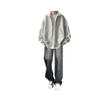 Трехкомпонентный комплект [Белый Серый Свитшот + Длинная Футболка Белая + Синие Джинсы]