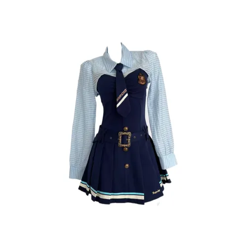 GORGEOUSIDEA Полосатый топ + темно-синий платье-комбинация женский комплект с юбкой