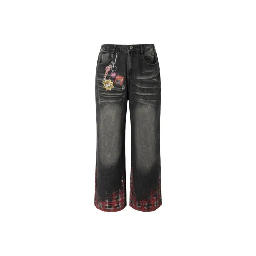 YPL Красная клетка Черный Унисекс Джинсы