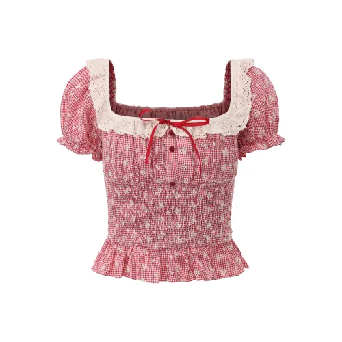 CHIWAWAMEME Ягодно-красный Клетчатый с принтом Женские T-рубашки